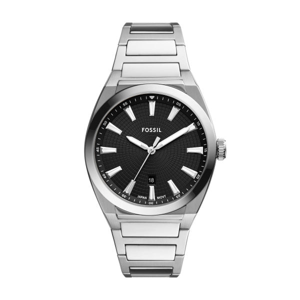 Montre homme Fossil Everett FS5821 – cadran noir bracelet acier inoxydable argenté – vue de face