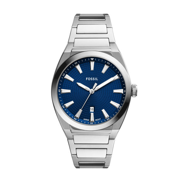 Montre homme Fossil Everett FS5822 – cadran bleu bracelet acier inoxydable argenté – vue de face
