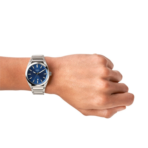 Montre homme Fossil Everett FS5822 – cadran bleu bracelet acier inoxydable argenté – vue 4