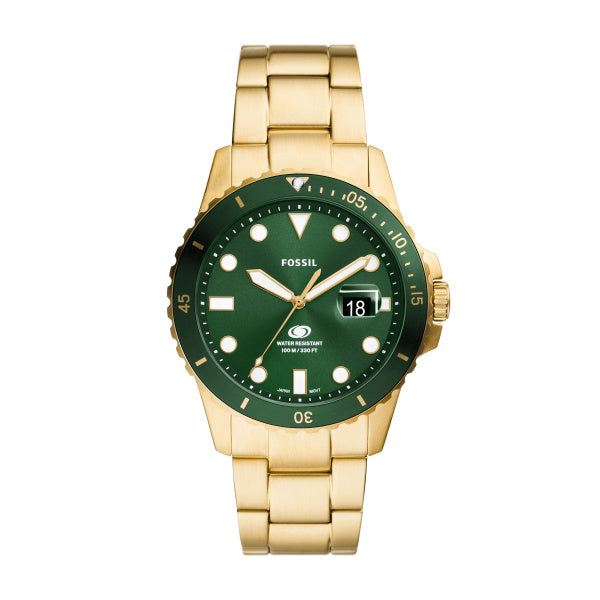 Montre homme Fossil Fossil Blue FS6030 – cadran vert bracelet acier inoxydable doré – vue de face