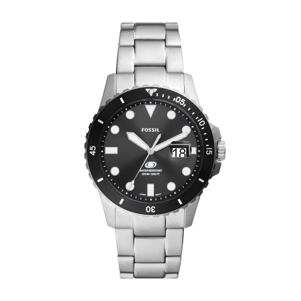 Montre homme Fossil Fossil Blue FS6032 – cadran noir bracelet acier inoxydable argenté – vue de face
