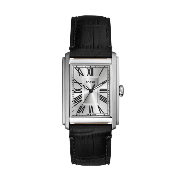 Montre homme Fossil Carraway FS6078 – cadran argenté bracelet cuir Pro-Planet noir – vue de face