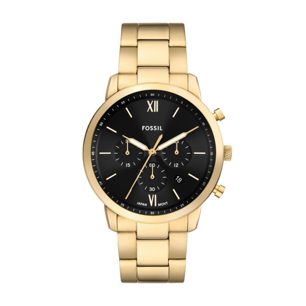 Montre homme Fossil Neutra FS6093 – cadran noir bracelet acier inoxydable doré – vue de face