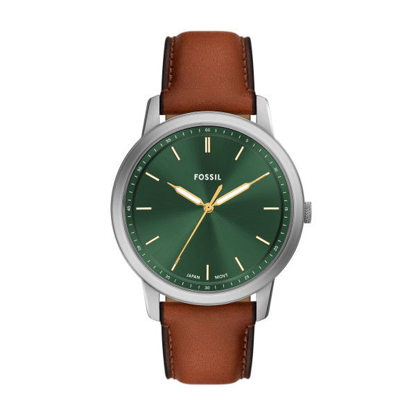 Montre homme Fossil Minimalist FS6094 – cadran vert bracelet cuir marron – vue de face