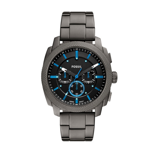 Montre homme Fossil Machine FS6098 – cadran noir bracelet acier inoxydable anthracite – vue de face