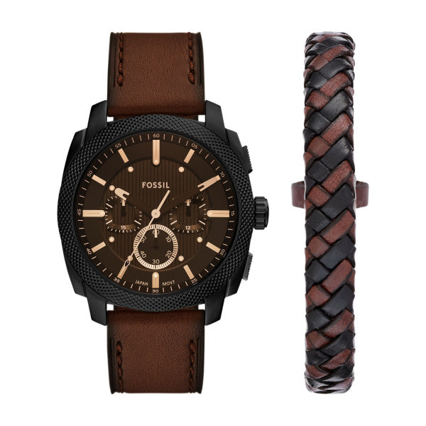 Montre homme Fossil Machine FS6102SET – cadran noir bracelet cuir marron – vue de face