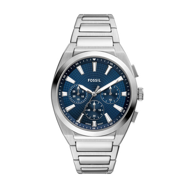 Montre homme Fossil Everett FS6104 – cadran bleu bracelet acier inoxydable argenté – vue de face