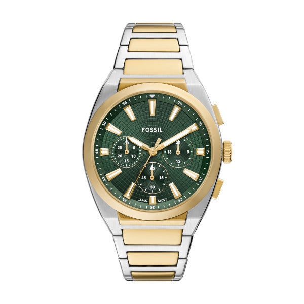Montre homme Fossil Everett FS6106 – cadran vert bracelet acier inoxydable bicolore – vue de face