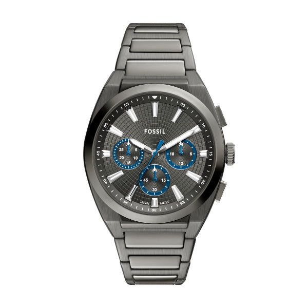 Montre homme Fossil Everett FS6107 – cadran gris bracelet acier inoxydable anthracite – vue de face