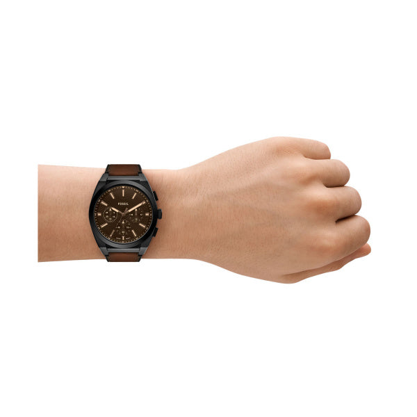 Montre homme Fossil Everett FS6108 – cadran noir bracelet cuir marron – vue 4