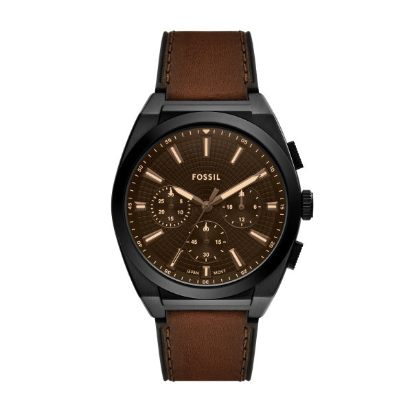 Montre homme Fossil Everett FS6108 – cadran noir bracelet cuir marron – vue de face