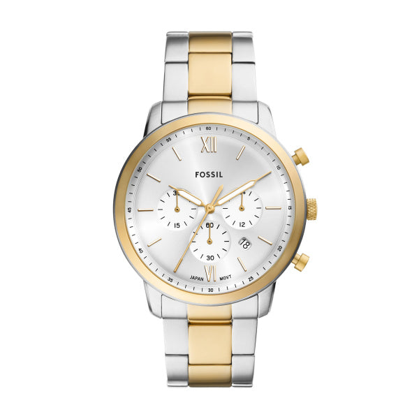 Montre homme Fossil Neutra FS6112 – cadran argenté bracelet acier inoxydable bicolore – vue de face