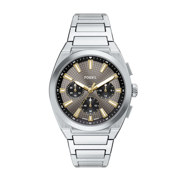 Montre homme Fossil Everett FS6128 – cadran gris bracelet acier inoxydable argenté – vue de face