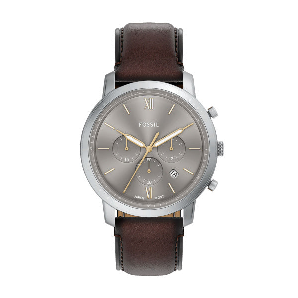 Montre homme Fossil Neutra FS6129 – cadran gris bracelet cuir marron – vue de face
