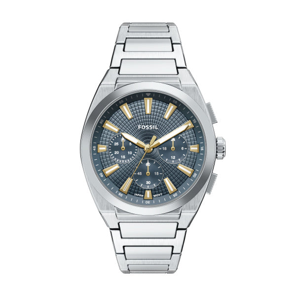 Montre homme Fossil Everett FS6154 – cadran bleu bracelet acier inoxydable argenté – vue de face