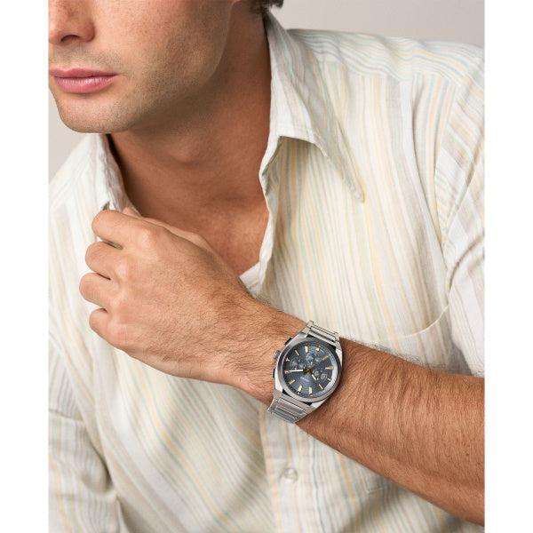 Montre homme Fossil Everett FS6154 – cadran bleu bracelet acier inoxydable argenté – vue 4
