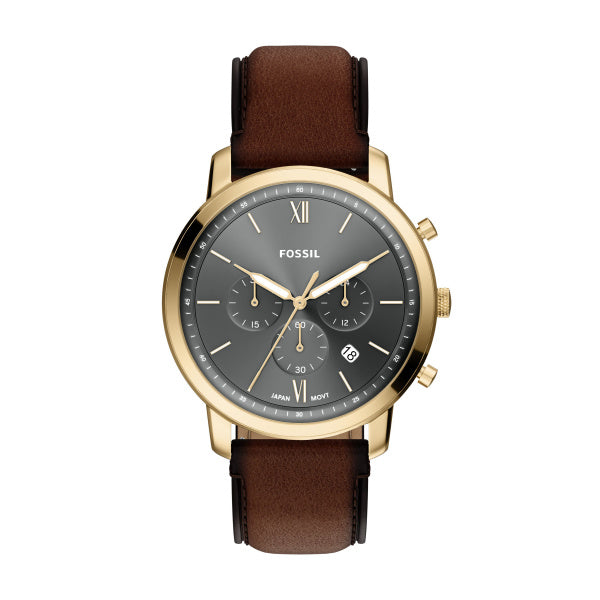 Montre homme Fossil Neutra FS6162 – cadran bleu bracelet cuir marron – vue de face