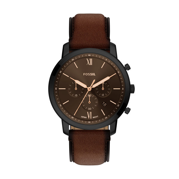 Montre homme Fossil Neutra FS6163 – cadran noir bracelet cuir marron – vue de face