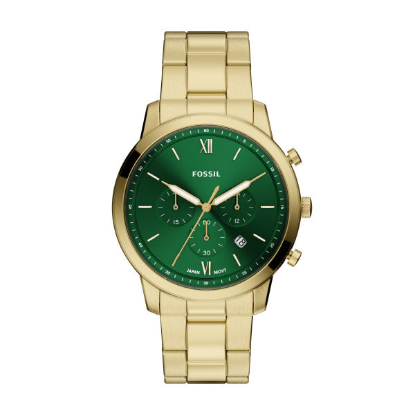 Montre homme Fossil Neutra FS6164 – cadran vert bracelet acier inoxydable doré – vue de face