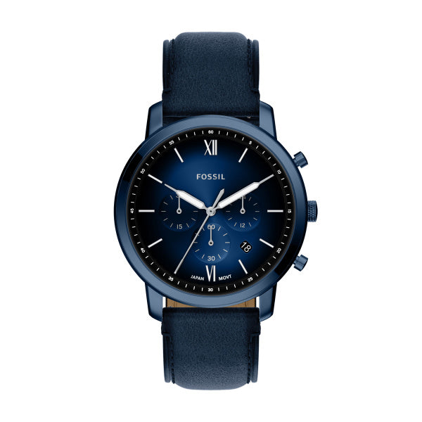 Montre homme Fossil Neutra FS6168 – cadran bleu bracelet cuir bleu – vue de face