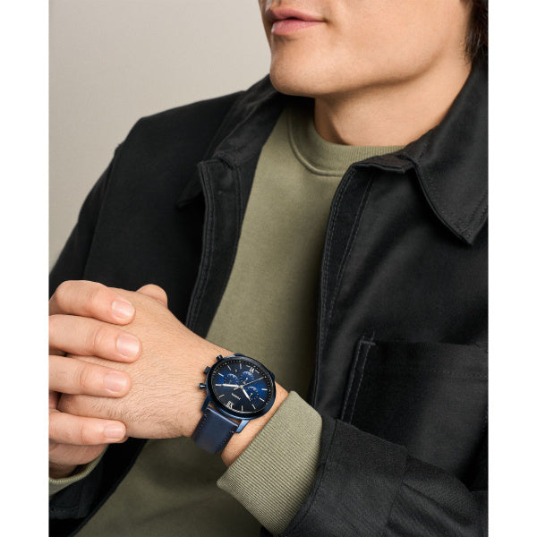 Montre homme Fossil Neutra FS6168 – cadran bleu bracelet cuir bleu – vue 4