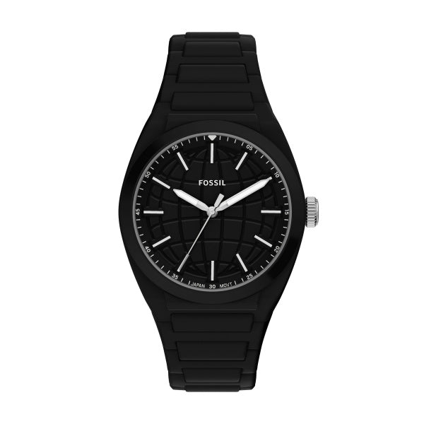 Montre homme Fossil Everett FS6175 – cadran noir bracelet silicone noir – vue de face