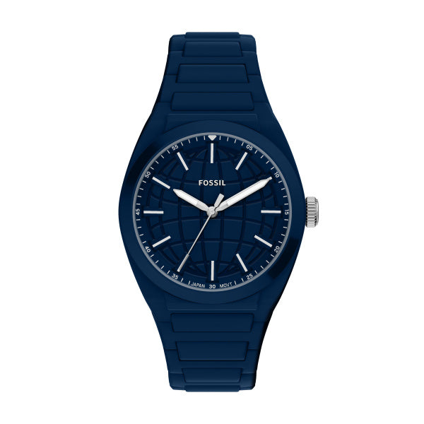 Montre homme Fossil Everett FS6177 – cadran bleu bracelet silicone bleu – vue de face