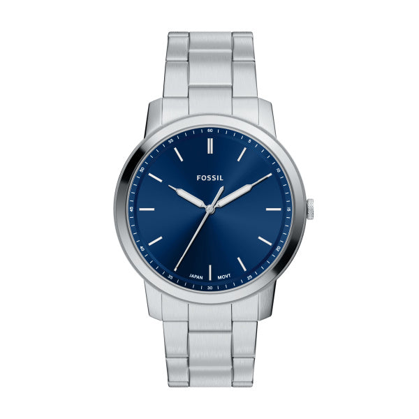 Montre homme Fossil Minimalist FS6180 – cadran bleu bracelet acier inoxydable argenté – vue de face