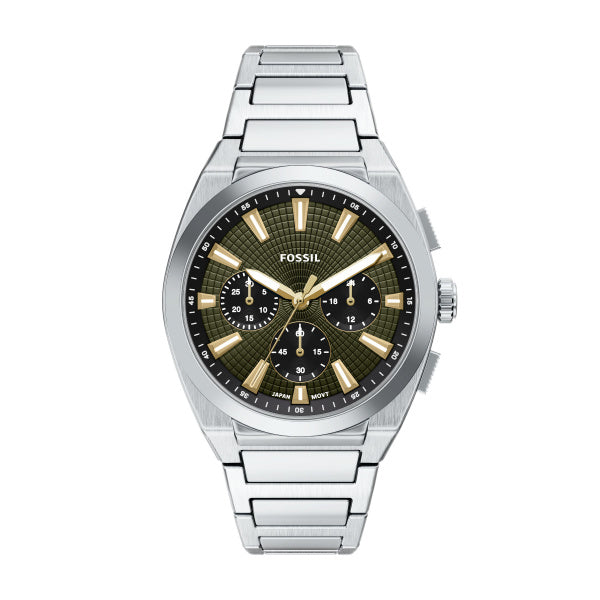 Montre homme Fossil Everett FS6183 – cadran vert bracelet acier inoxydable argenté – vue de face