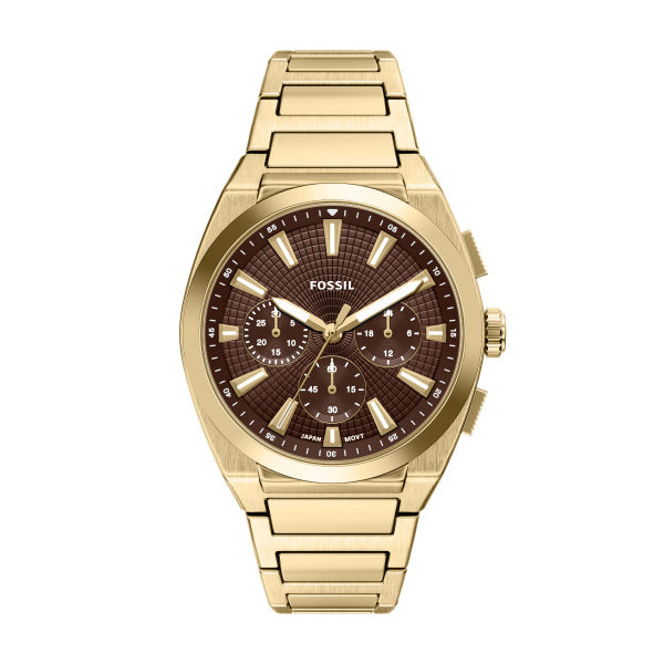 Montre homme Fossil Everett FS6184 – cadran marron bracelet acier inoxydable doré – vue de face