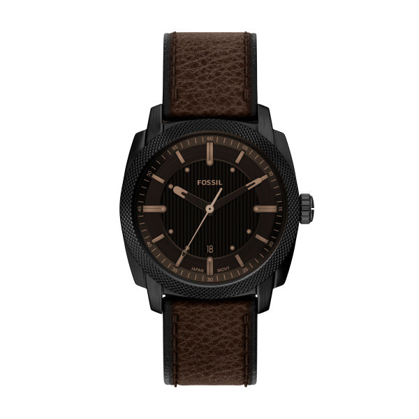 Montre homme Fossil Machine FS6187 – cadran noir bracelet cuir marron – vue de face