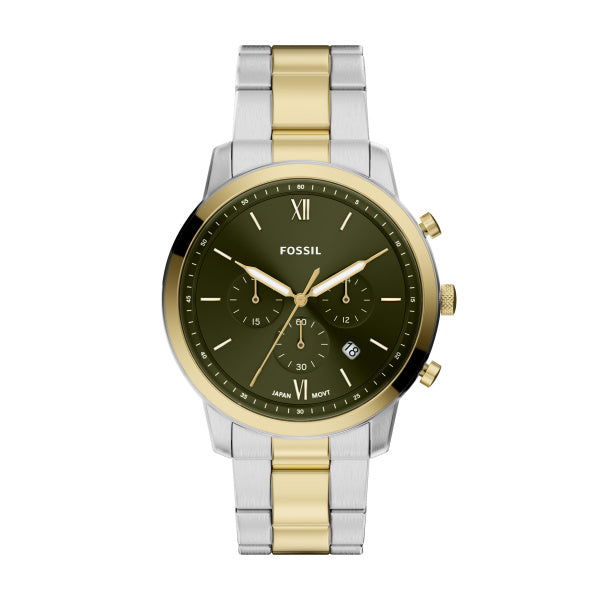 Montre homme Fossil Neutra FS6189 – cadran vert bracelet acier inoxydable bicolore – vue de face