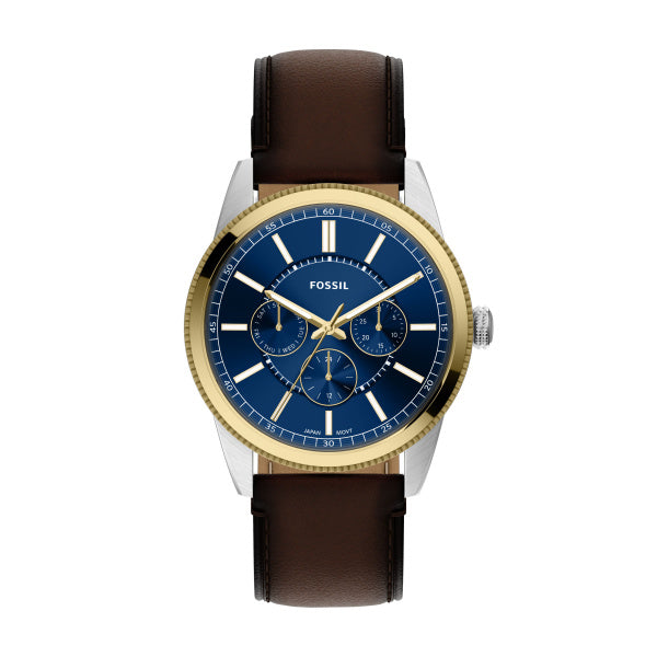 Montre homme Fossil Pearson FS6195 – cadran bleu bracelet cuir marron – vue de face