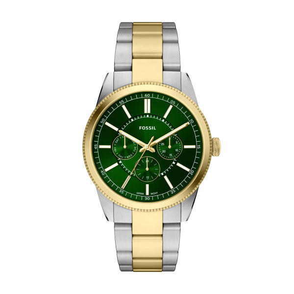 Montre homme Fossil Pearson FS6197 – cadran vert bracelet acier bicolore – vue de face