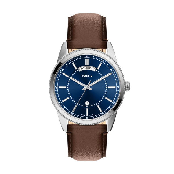Montre homme Fossil Pearson FS6224 – cadran bleu bracelet cuir marron – vue de face