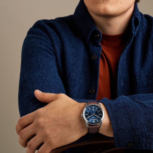 Montre homme Fossil Pearson FS6224 – cadran bleu bracelet cuir marron – vue 4