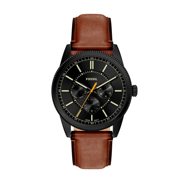 Montre homme Fossil Pearson FS6239 – cadran noir bracelet cuir marron – vue de face