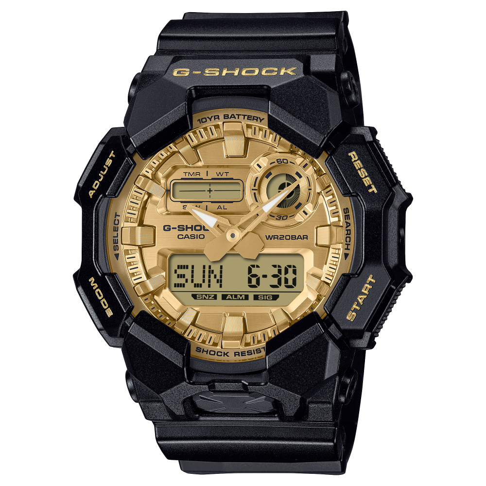 Collection G-Shock - GA-010GGB-1A9ER - Montre Casio – grand boîtier et bracelet en résine bio noirs brillants, cadran doré – vue de face