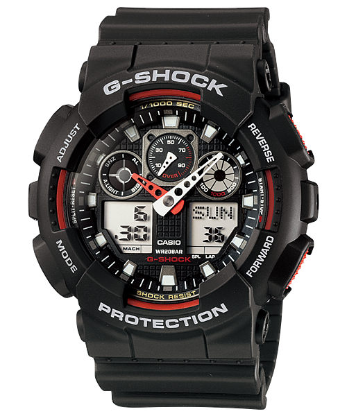 Collection G-Shock - GA-100-1A4ER - Montre Casio – grand boîtier en résine noire à trois cadrans, bracelet en résine noire – vue de face