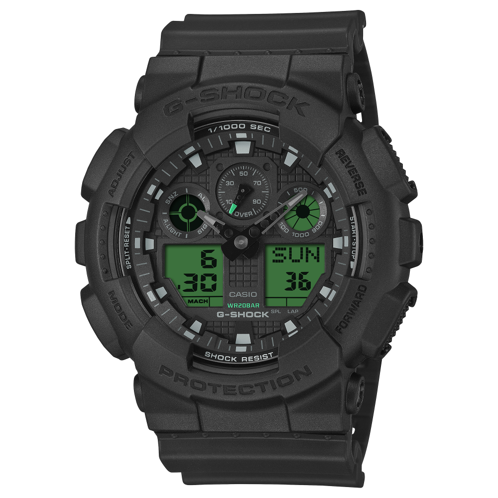 Collection G-Shock - GA-100BEG-1AER - Montre Casio – grand boîtier en résine noir, écran à touches vert électrique, bracelet en résine noir – vue de face