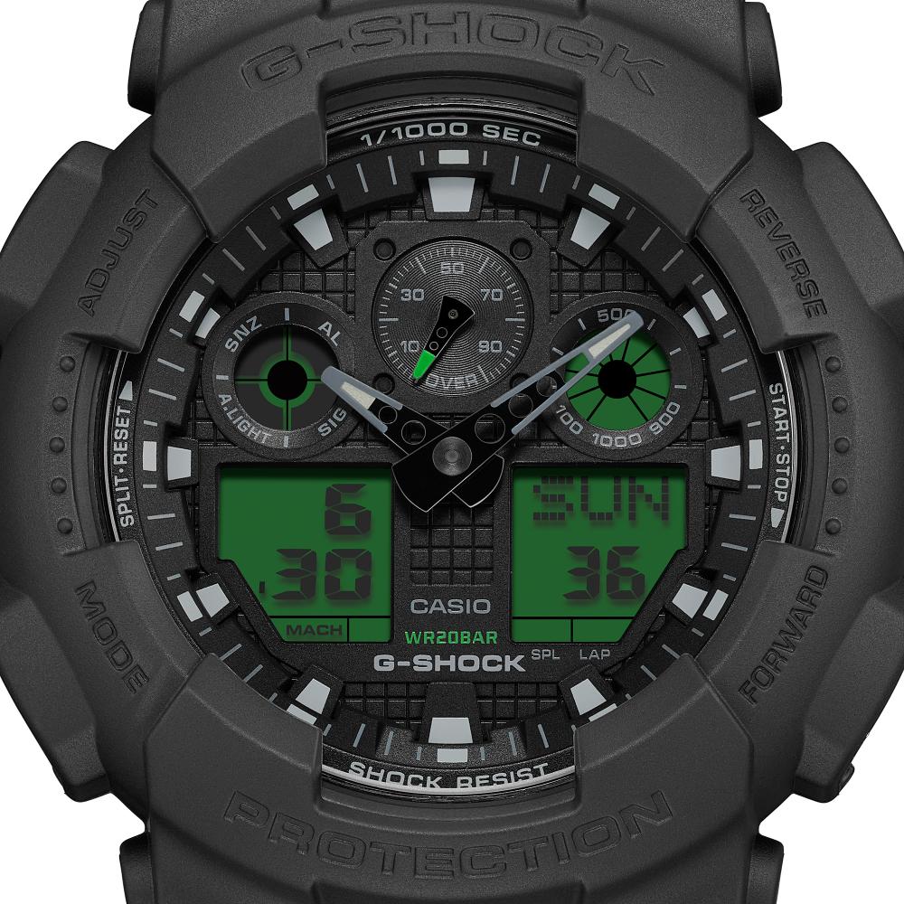 Collection G-Shock - GA-100BEG-1AER - Montre Casio – grand boîtier en résine noir, écran à touches vert électrique, bracelet en résine noir – vue 4