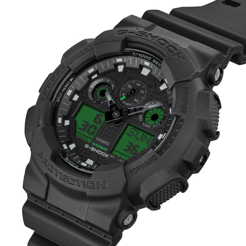 Collection G-Shock - GA-100BEG-1AER - Montre Casio – grand boîtier en résine noir, écran à touches vert électrique, bracelet en résine noir – vue 5