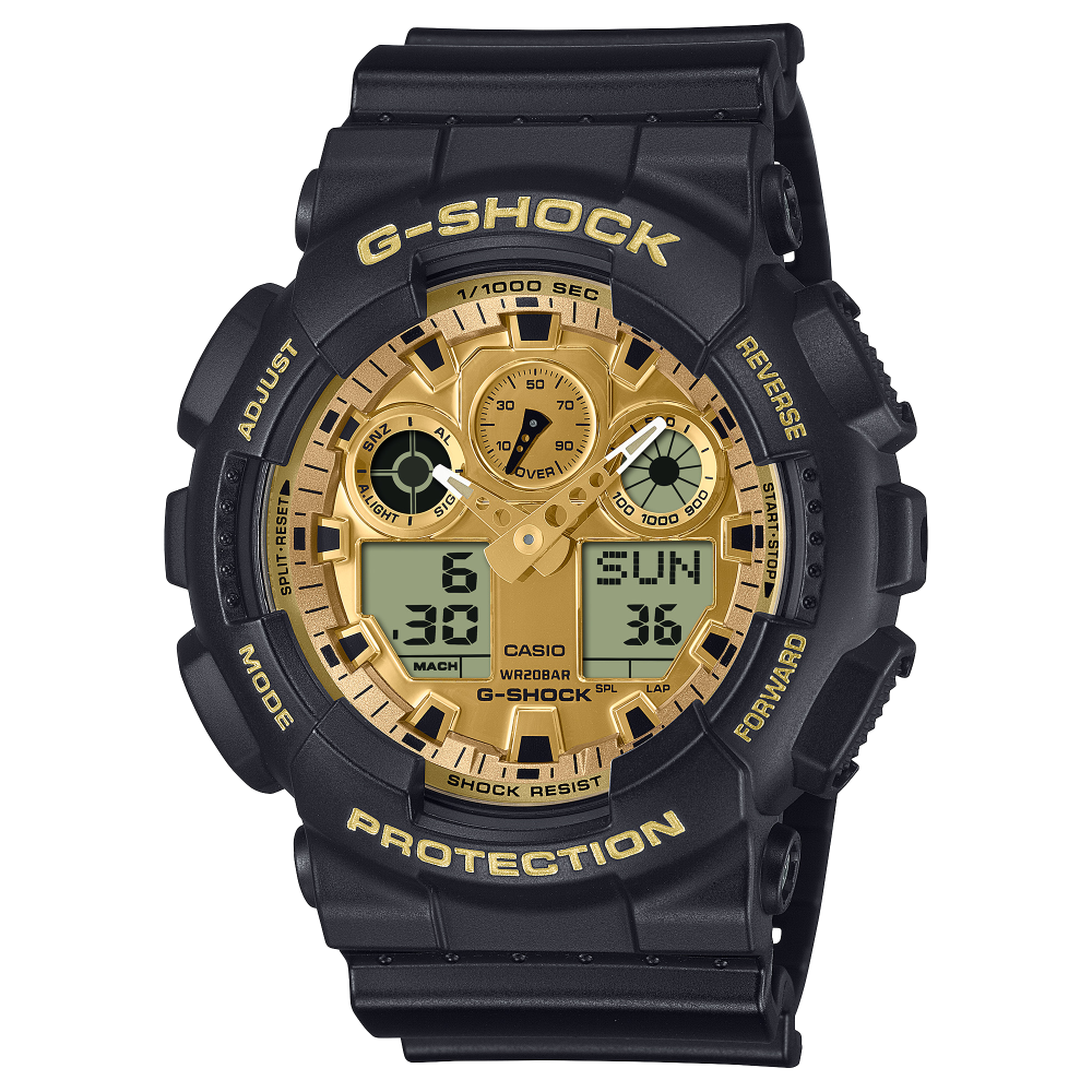 Collection G-Shock - GA-100GGB-1A9ER - Montre Casio – grand boîtier noir brillant, cadran doré, bracelet en résine noire – vue de face