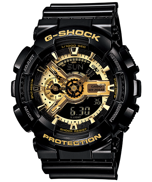 Collection G-Shock - GA-110GB-1AER - Montre Casio – grand boîtier en résine noir brillant, cadran à accents dorés, bracelet en résine noir – vue de face