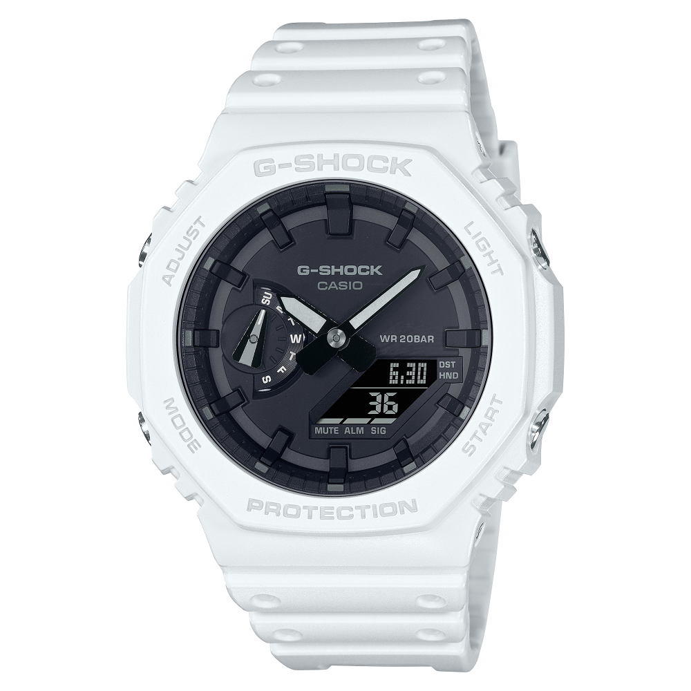 Collection G-Shock - GA-2100-7AER - Montre Casio – boîtier octogonal blanc, cadran noir, bracelet en résine blanche – vue de face