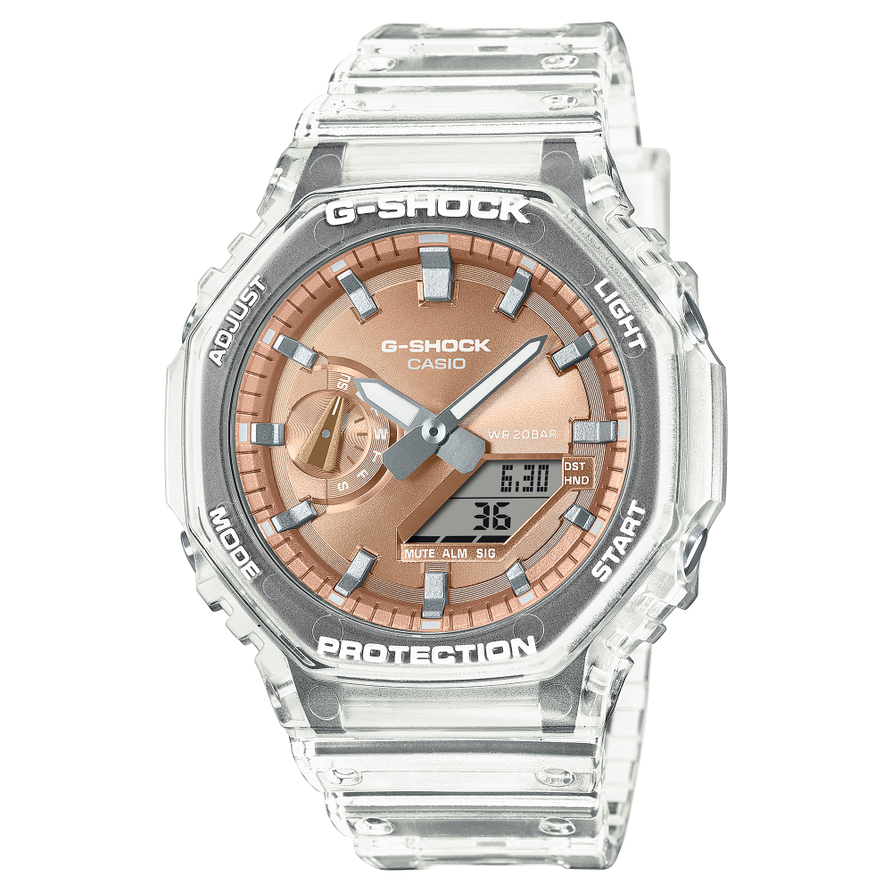 Collection G-Shock - GA-2100BM-7A5ER - Montre Casio – boîtier octogonal et bracelet translucides clairs, cadran métallique or rose – vue de face