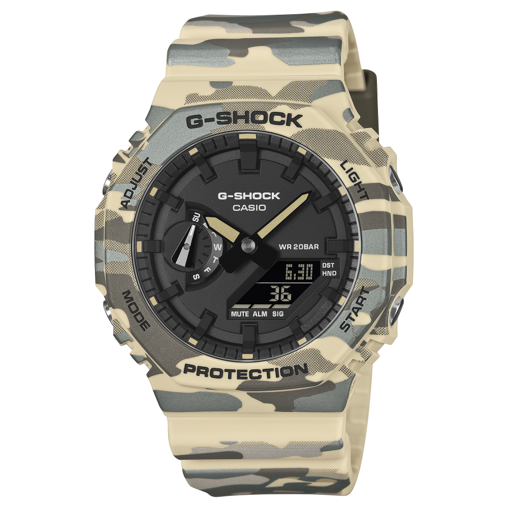 Collection G-Shock - GA-2100CM-5AER - Montre Casio – boîtier à motif camouflage marron, bracelet en résine bio marron – vue de face