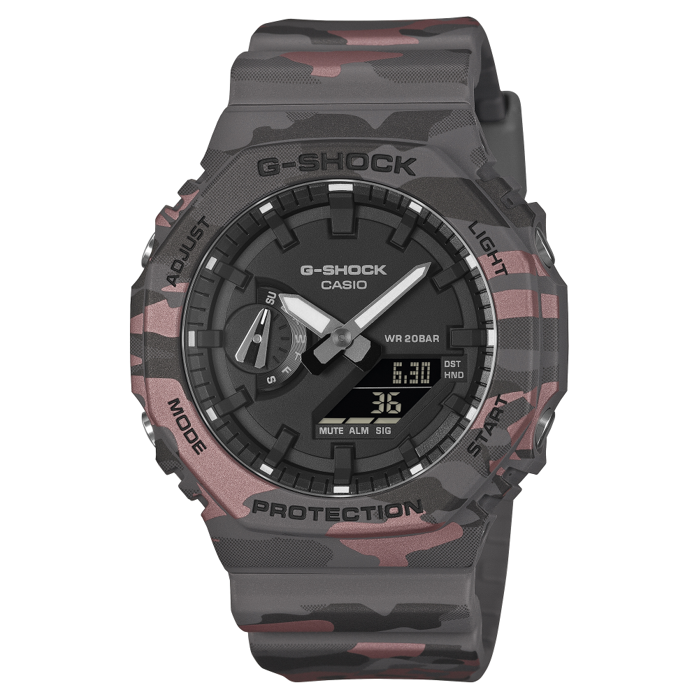 Collection G-Shock - GA-2100CM-8AER - Montre Casio – boîtier à motif camouflage gris, bracelet en résine bio grise – vue de face