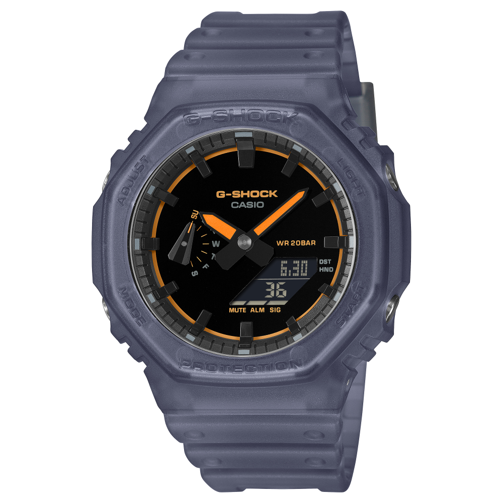 Collection G-Shock - GA-2100K-2AER - Montre Casio – boîtier en carbone et résine bleu translucide mat, cadran noir laqué, bracelet en résine bleu translucide – vue de face