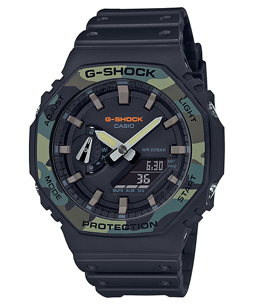Collection G-Shock - GA-2100SU-1AER - Montre Casio – boîtier noir à lunette imprimée camouflage, bracelet en résine noire – vue de face